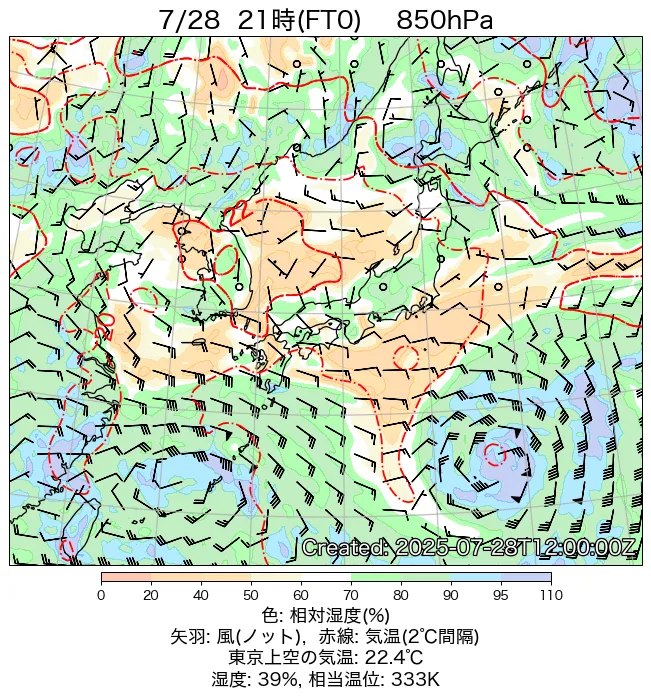 2025年7月28日の日本周辺の850hPa天気図（21時）