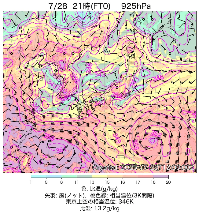 2025年7月28日の日本周辺の925hPa天気図（21時）
