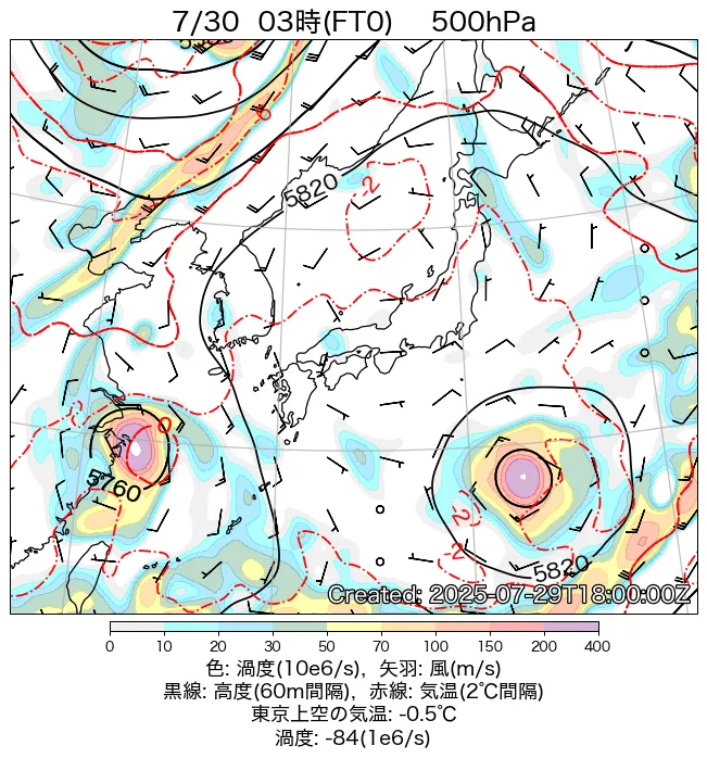 2025年7月30日の日本周辺の500hPa天気図（3時）