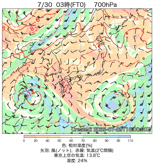 2025年7月30日の日本周辺の700hPa天気図（3時）