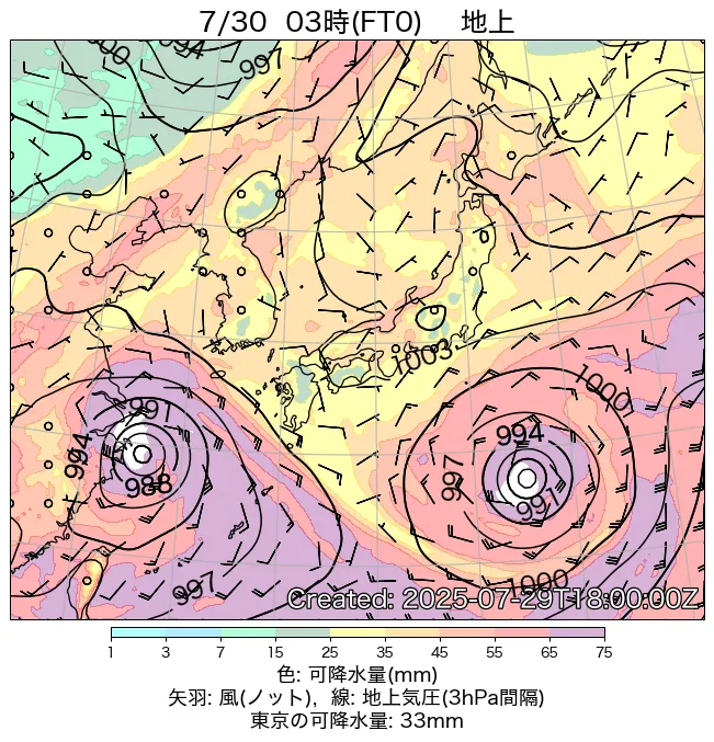 2025年7月30日の日本周辺の地上天気図（3時）
