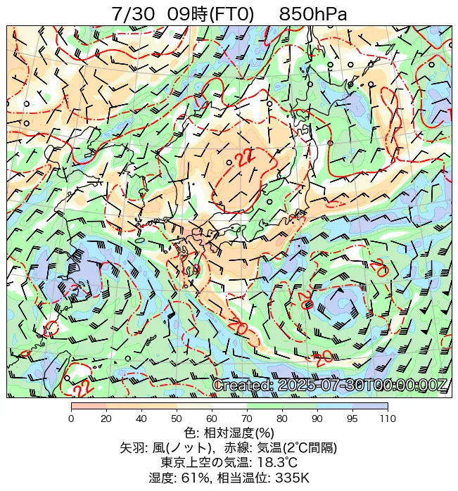 2025年7月30日の日本周辺の850hPa天気図（9時）