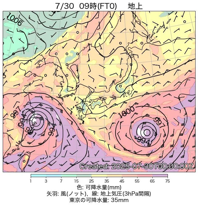 2025年7月30日の日本周辺の地上天気図（9時）