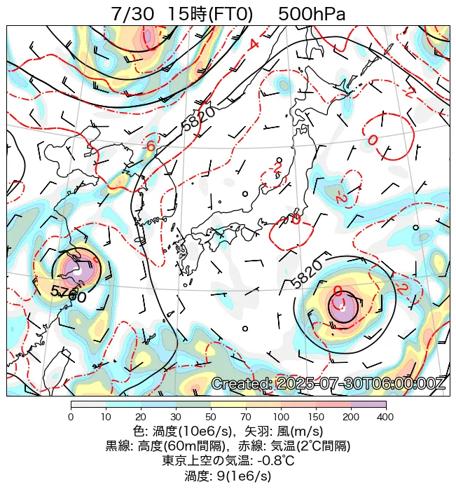 2025年7月30日の日本周辺の500hPa天気図（15時）