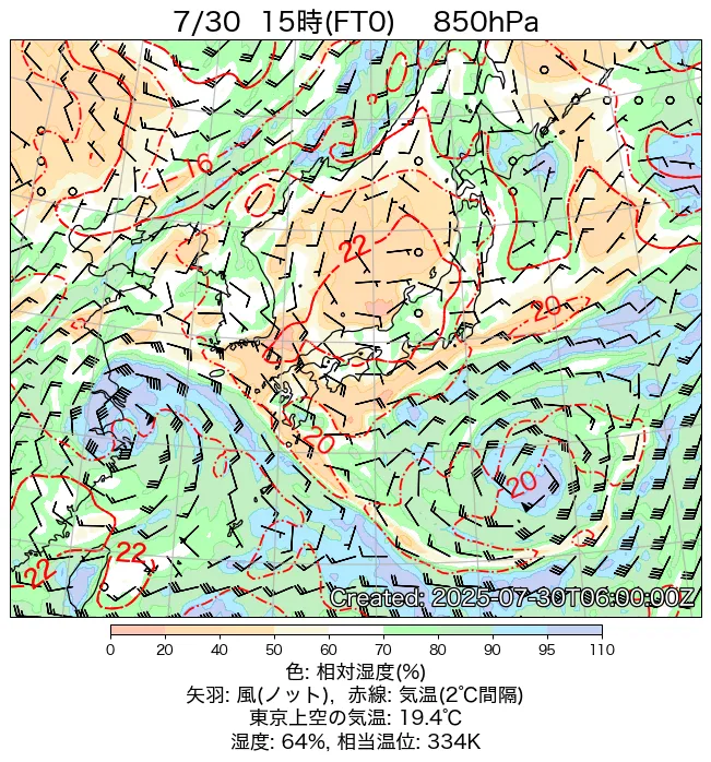 2025年7月30日の日本周辺の850hPa天気図（15時）