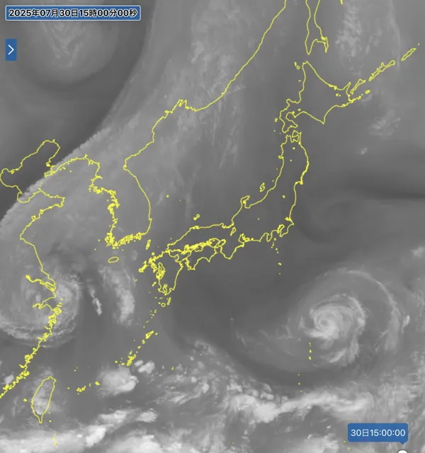 2025年7月30日15時の日本周辺の衛星水蒸気画像