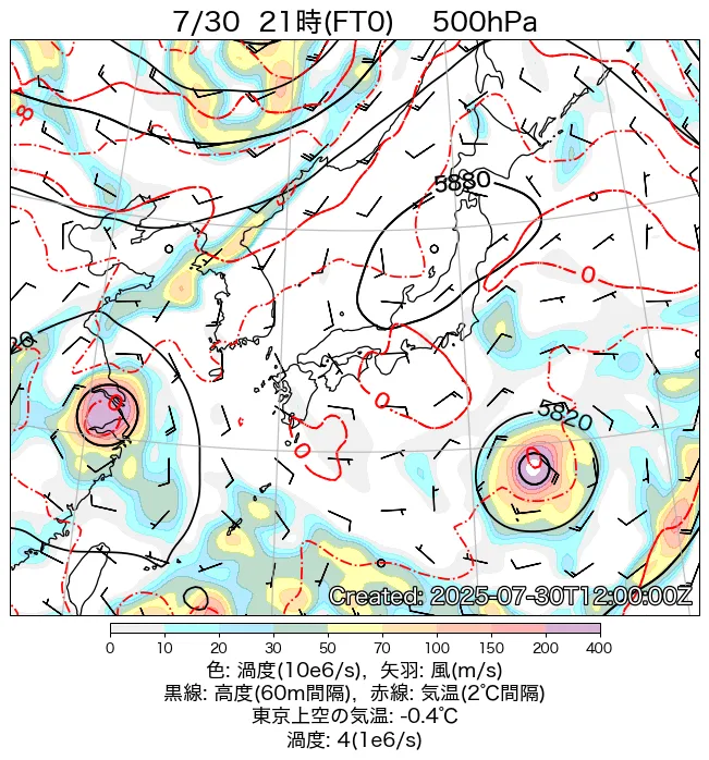2025年7月30日の日本周辺の500hPa天気図（21時）