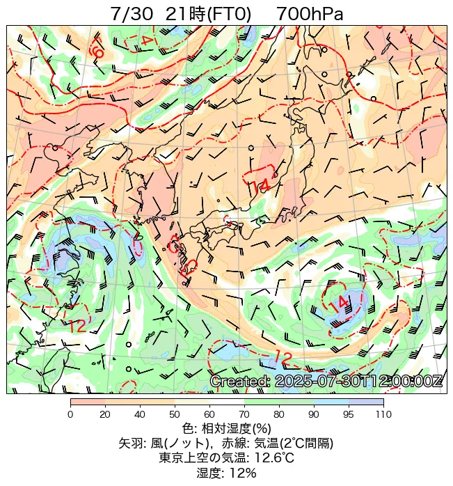 2025年7月30日の日本周辺の700hPa天気図（21時）