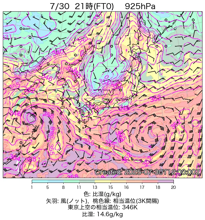2025年7月30日の日本周辺の925hPa天気図（21時）