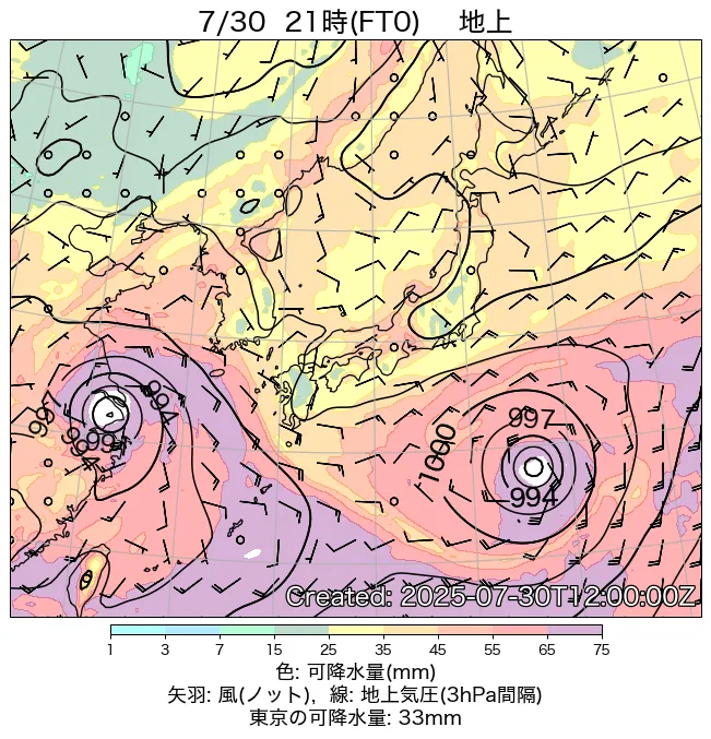 2025年7月30日の日本周辺の地上天気図（21時）
