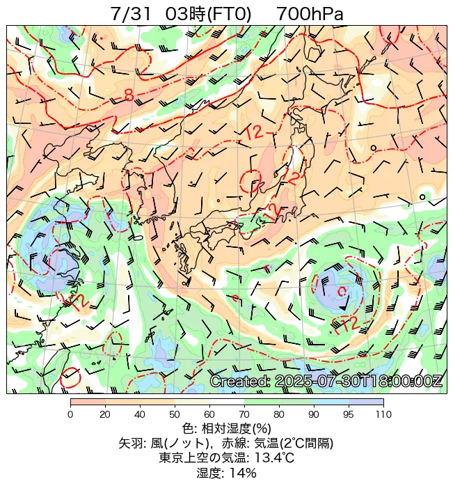 2025年7月31日の日本周辺の700hPa天気図（3時）