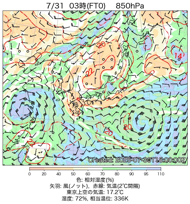 2025年7月31日の日本周辺の850hPa天気図（3時）