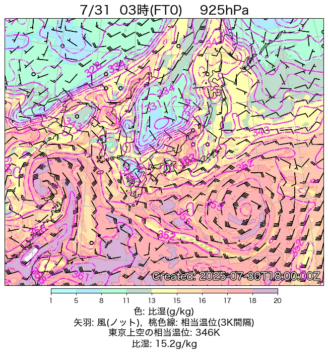 2025年7月31日の日本周辺の925hPa天気図（3時）