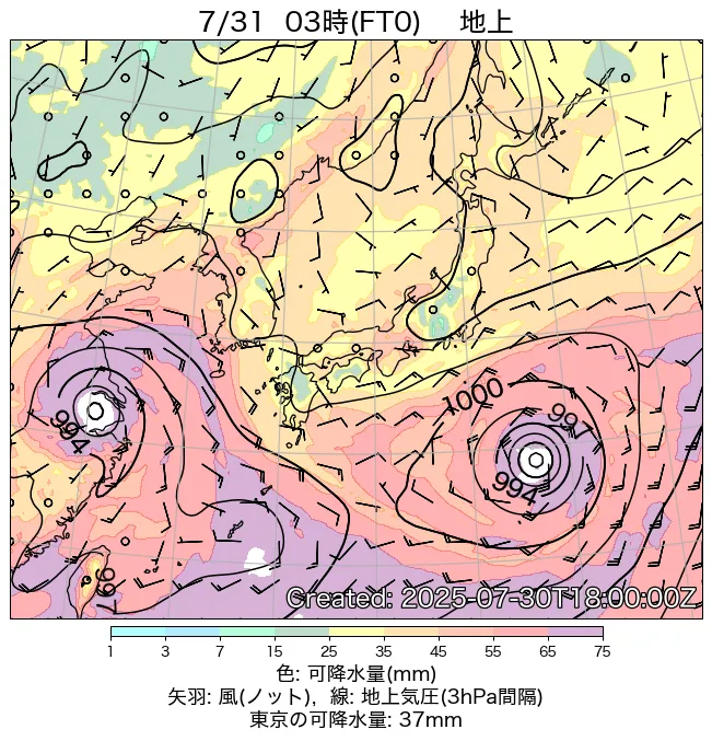 2025年7月31日の日本周辺の地上天気図（3時）