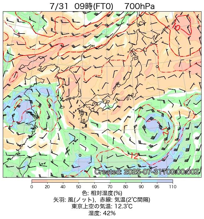 2025年7月31日の日本周辺の700hPa天気図（9時）