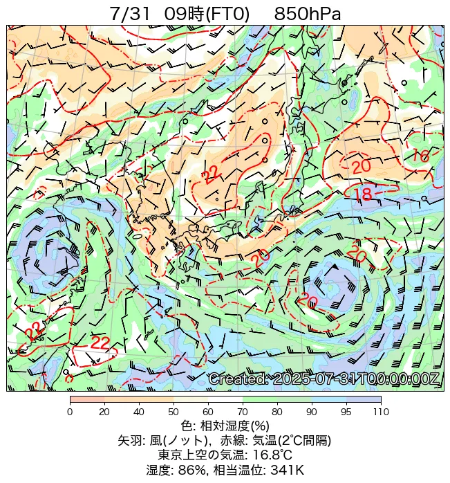 2025年7月31日の日本周辺の850hPa天気図（9時）