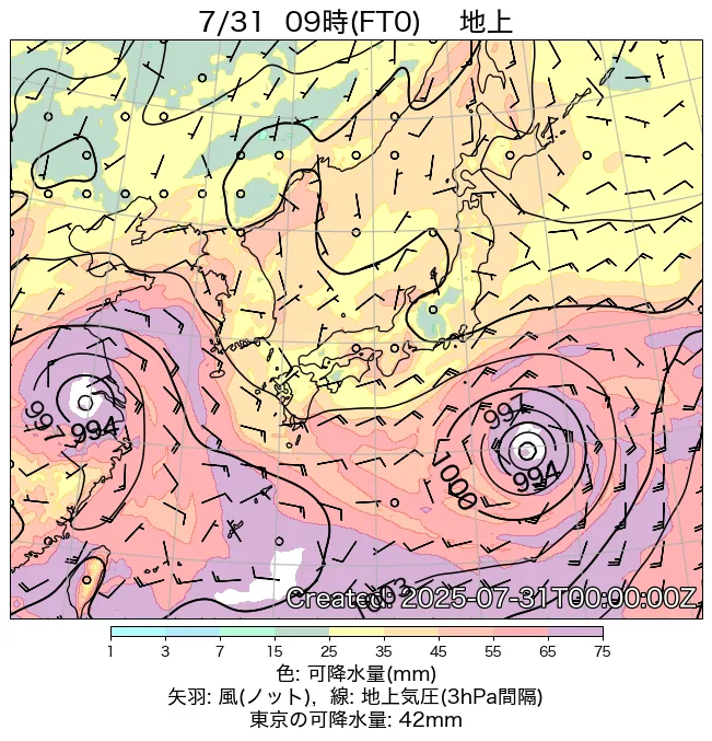 2025年7月31日の日本周辺の地上天気図（9時）