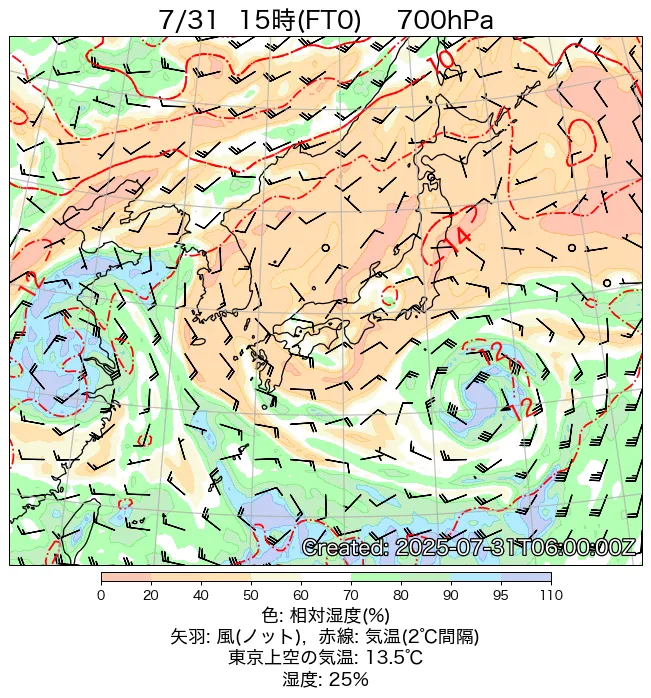 2025年7月31日の日本周辺の700hPa天気図（15時）