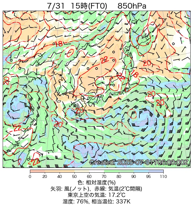 2025年7月31日の日本周辺の850hPa天気図（15時）