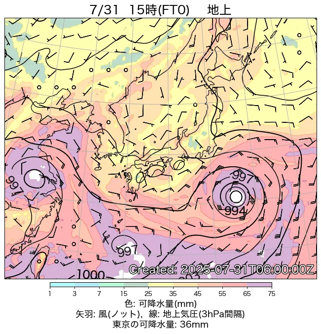 2025年7月31日の日本周辺の地上天気図（15時）