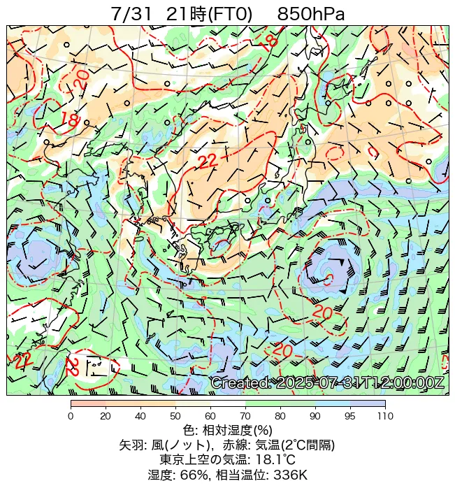 2025年7月31日の日本周辺の850hPa天気図（21時）
