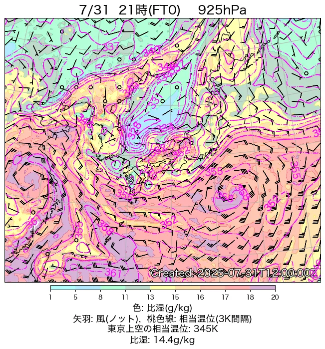 2025年7月31日の日本周辺の925hPa天気図（21時）