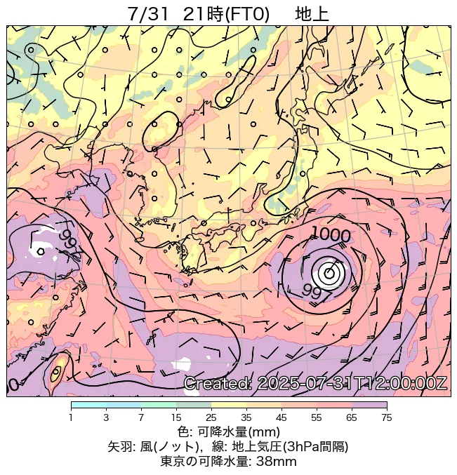 2025年7月31日の日本周辺の地上天気図（21時）
