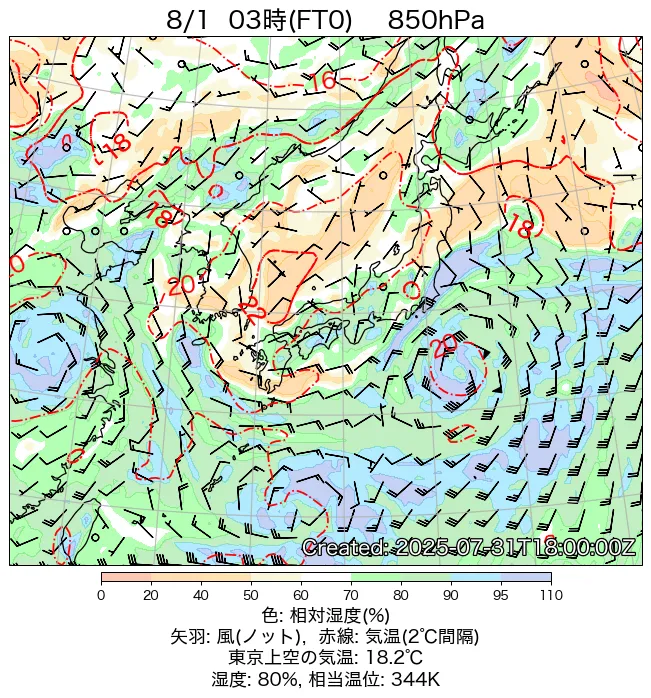 2025年8月1日の日本周辺の850hPa天気図（3時）