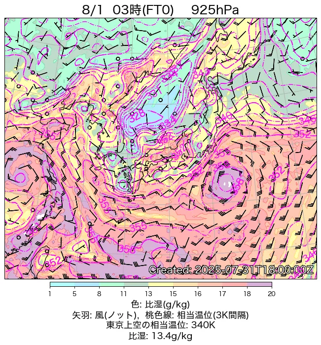 2025年8月1日の日本周辺の925hPa天気図（3時）