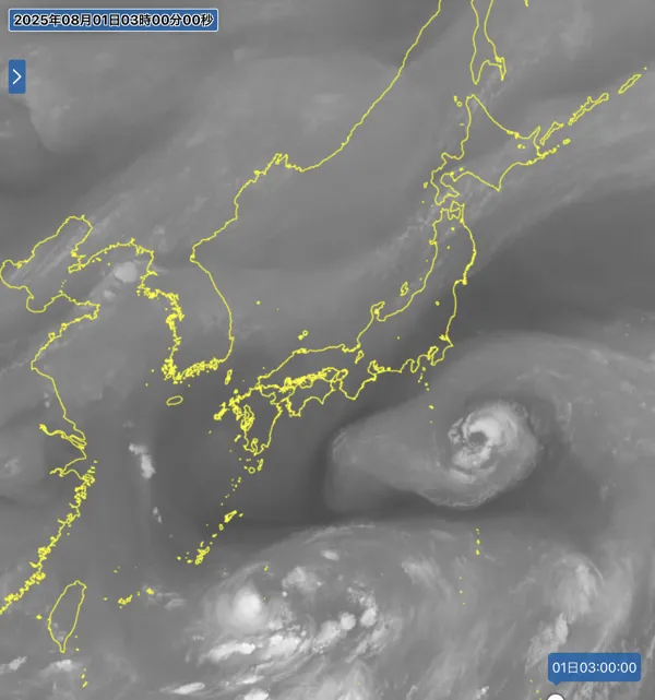 2025年8月1日3時の日本周辺の衛星水蒸気画像