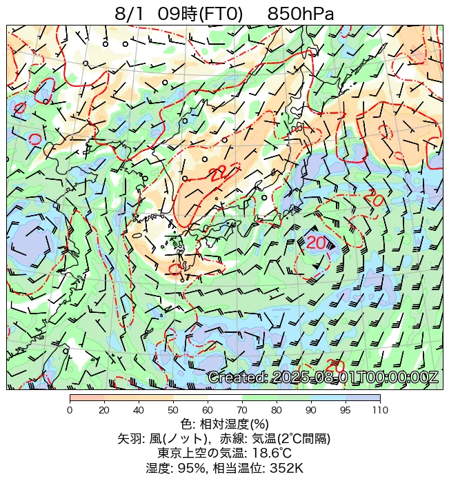 2025年8月1日の日本周辺の850hPa天気図（9時）
