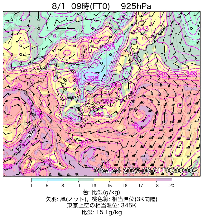 2025年8月1日の日本周辺の925hPa天気図（9時）