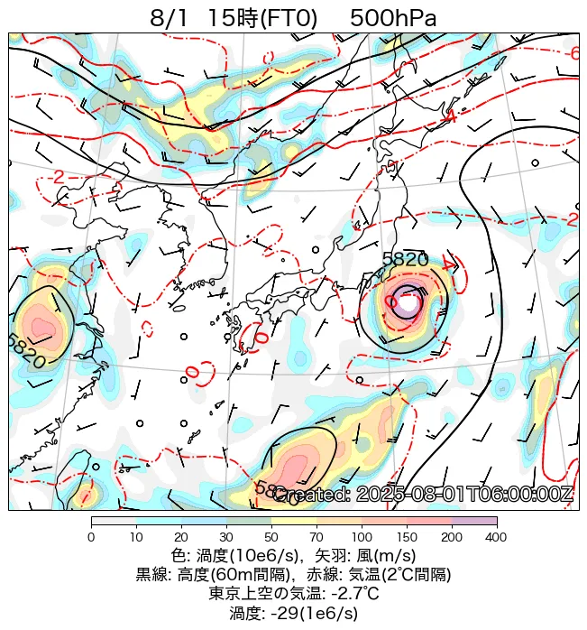 2025年8月1日の日本周辺の500hPa天気図（15時）