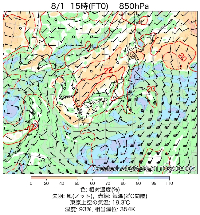 2025年8月1日の日本周辺の850hPa天気図（15時）