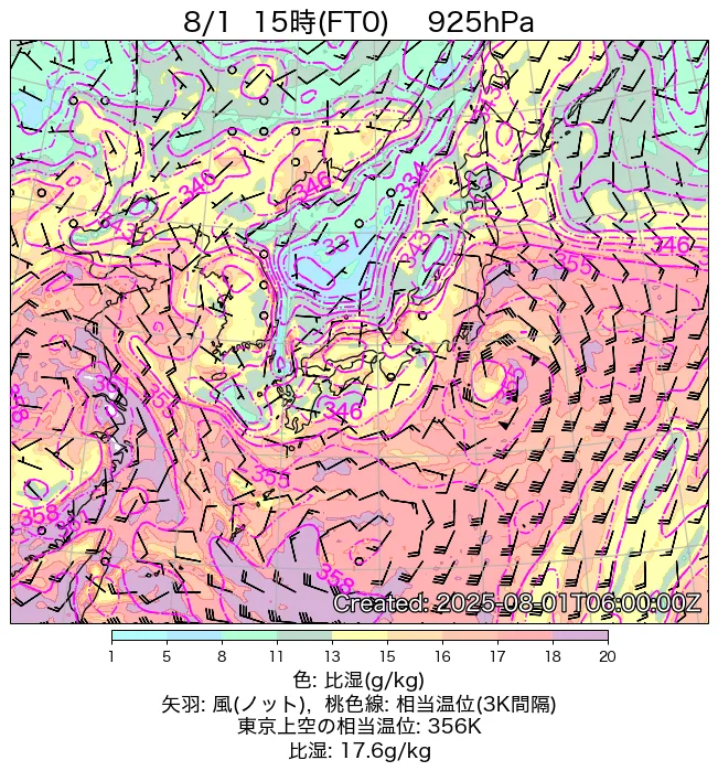 2025年8月1日の日本周辺の925hPa天気図（15時）