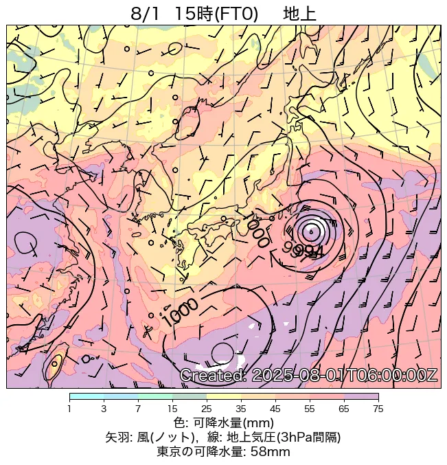 2025年8月1日の日本周辺の地上天気図（15時）