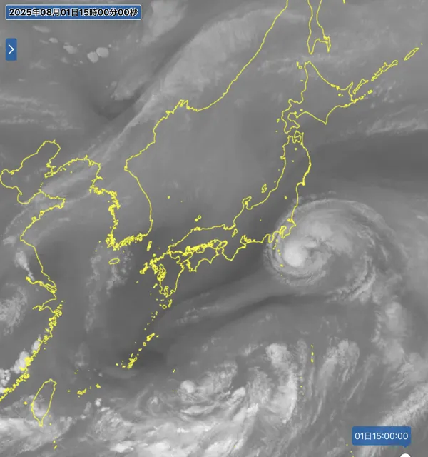 2025年8月1日15時の日本周辺の衛星水蒸気画像