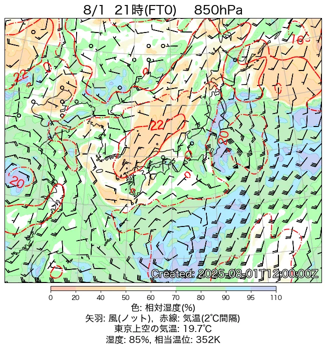 2025年8月1日の日本周辺の850hPa天気図（21時）
