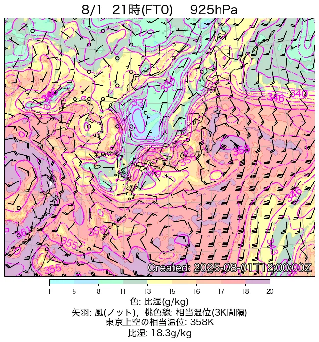 2025年8月1日の日本周辺の925hPa天気図（21時）