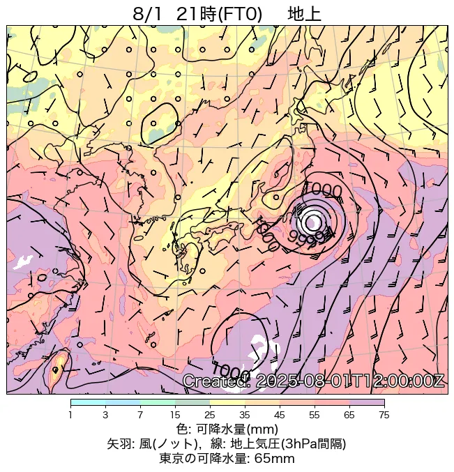 2025年8月1日の日本周辺の地上天気図（21時）