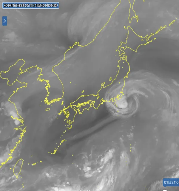 2025年8月1日21時の日本周辺の衛星水蒸気画像