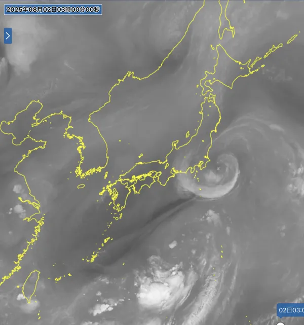 2025年8月2日3時の日本周辺の衛星水蒸気画像