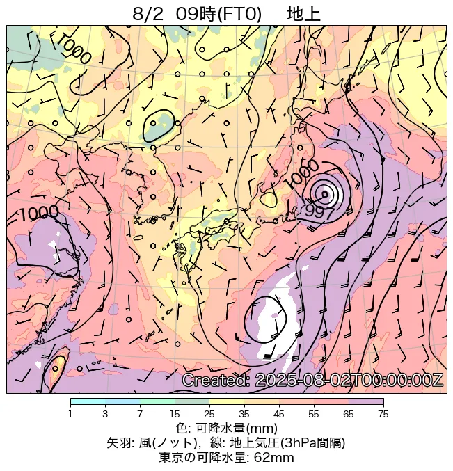 2025年8月2日の日本周辺の地上天気図（9時）