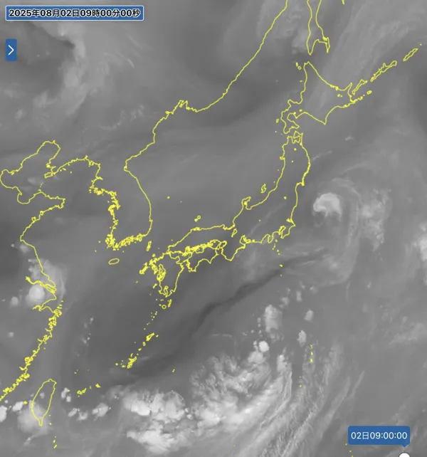 2025年8月2日9時の日本周辺の衛星水蒸気画像