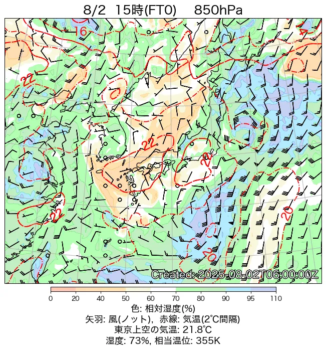 2025年8月2日の日本周辺の850hPa天気図（15時）