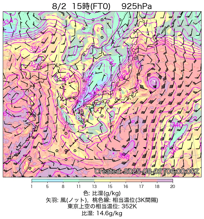 2025年8月2日の日本周辺の925hPa天気図（15時）