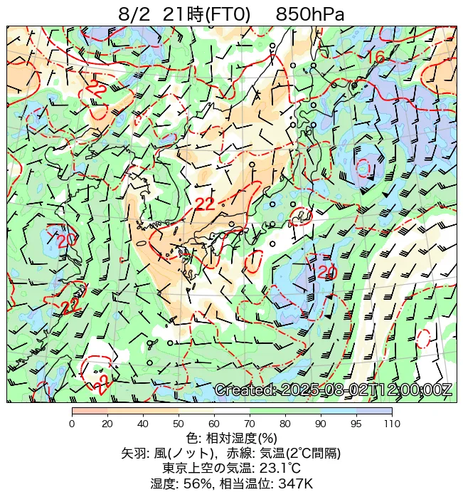 2025年8月2日の日本周辺の850hPa天気図（21時）