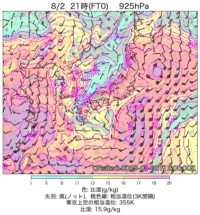 2025年8月2日の日本周辺の925hPa天気図（21時）
