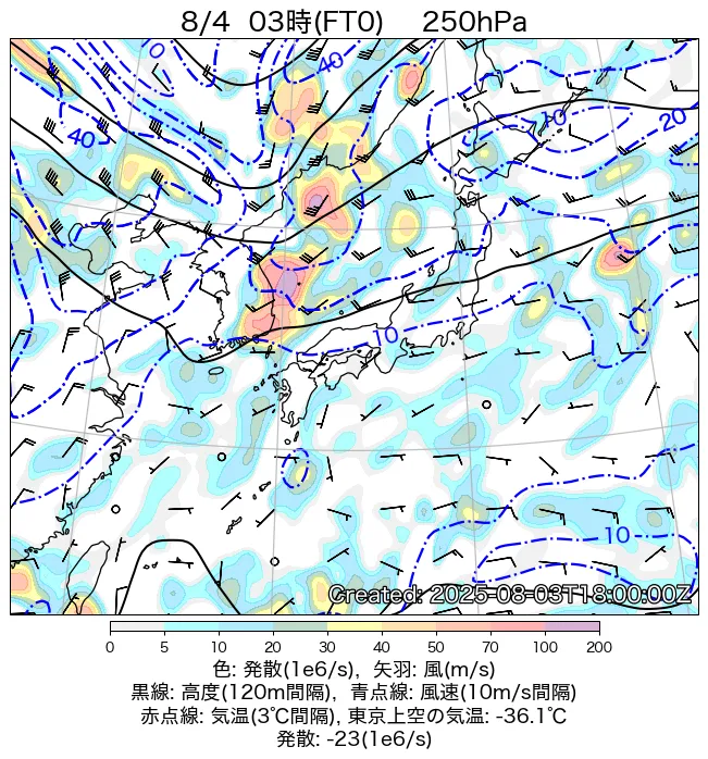 2025年8月4日の日本周辺の250hPa天気図（3時）