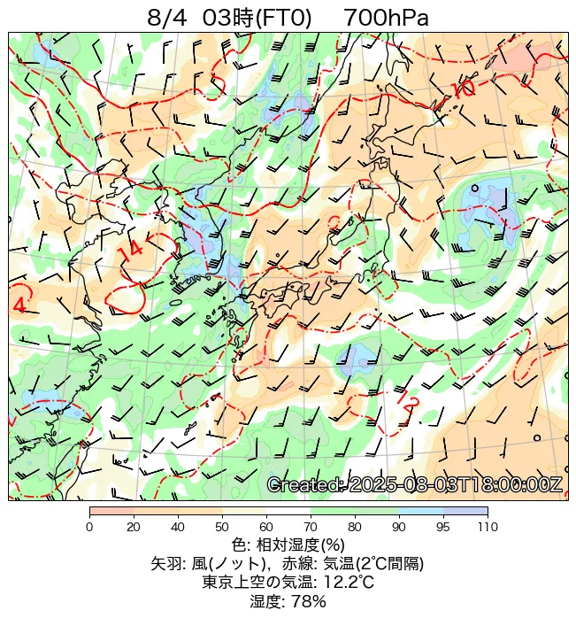 2025年8月4日の日本周辺の700hPa天気図（3時）